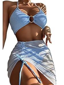 MakeMeChic Women's 3 Piece Bathing Suits Halter Ring Bikini Set with Cover Up Skirt Light Blue M