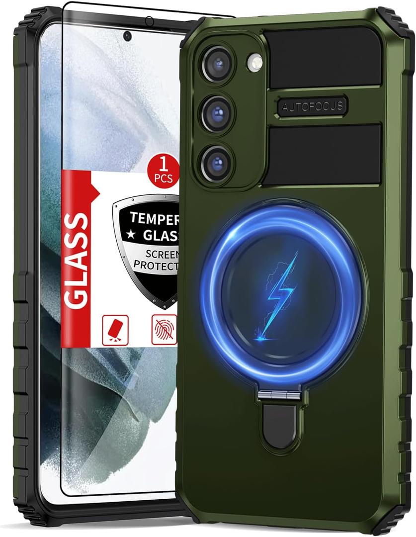 for Samsung Galaxy S21 Case Magnetic Compatible with Wireless Charging,with Screen Protector,Galaxy S21 Case Built-in Kickstand Ring,Camera Protection Military Grade Drop Shockproof Green