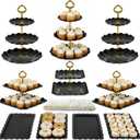 Pack of 10 NWK Cake Stand Set, with 3 x Two-Tier and 3 x Three-Tier Cupcake Stands, 4 x Appetizer Trays, 1 x Tablecloth for Birthday Bridal Baby Shower Party (Black)