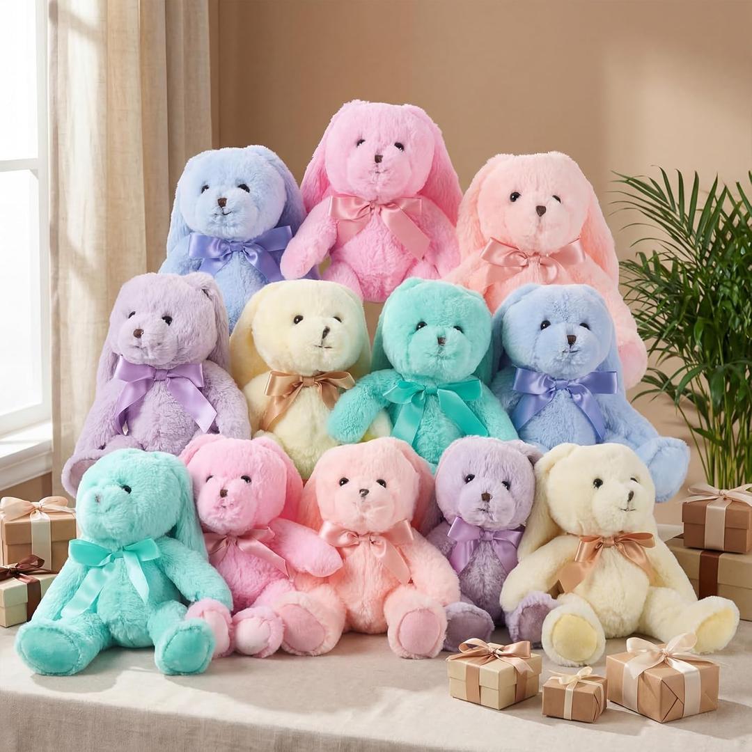 Civaner 12 Pcs Bunny Stuffed Animals Bulk 12.6 Inch Easter Plush Rabbit with Tie Colorful Bunny Plush Toys for Easter Basket Stuffers Valentines Birthday Gifts Baby Shower Wedding(Pastel Color)