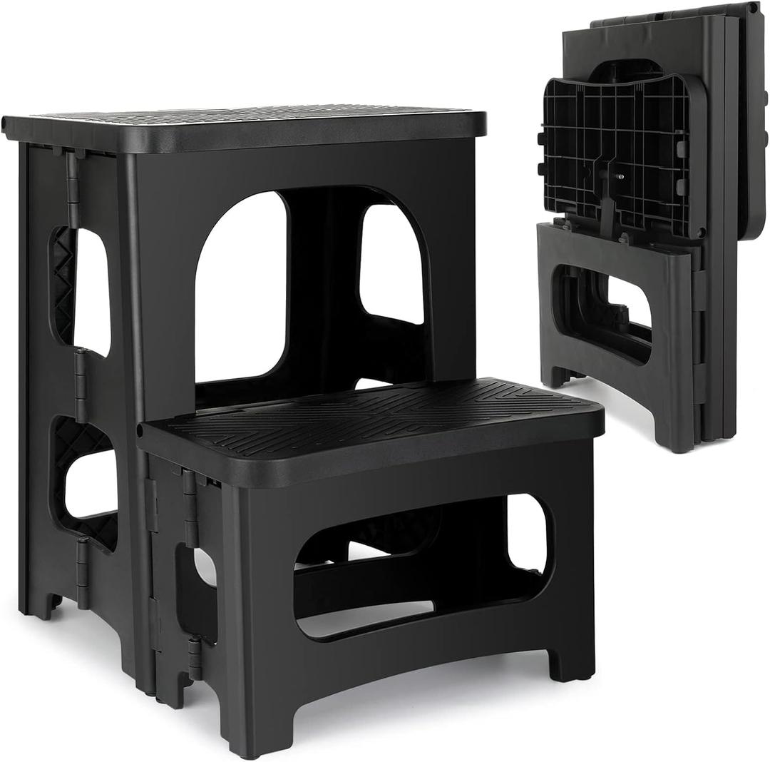 Amoise Folding 2-Step Stool, Non-Slip Portable Footstool 8'' & 17'' Dual Heights, Holds 300 lbs, Portable Footstool for Kitchen, Home, Toilet, Bedroom, Office, Bathroom, RV, (Black)