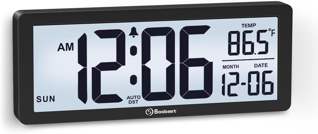 Soobest 8.5 Inch Digital Wall Clock Battery Operated with Backlight, Temperature, Date, Day & Auto DST, Black Slim Design for Elderly, Bedroom, Living Room, Office