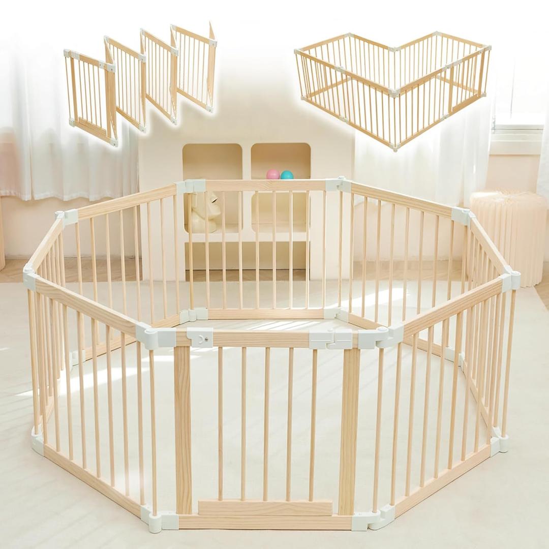 Baby Playpen, Playpen for Babies and Toddlers, Foldable Wooden Play Yard with Gate, Adjustable Baby Activity Center with Child Proof Lock, Fence Play Area for Toddlers 1-356 x 56 x 24inches