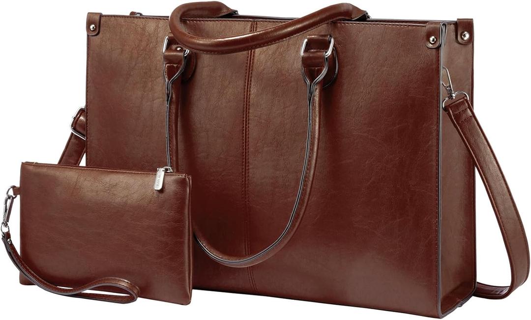 LOVEVOOK Laptop Tote Bag for Women, 15.6 Inch Large Capacity Vintage Leather Work Computer Bag, Business Casual Shoulder Handbag, Chestnut Brown