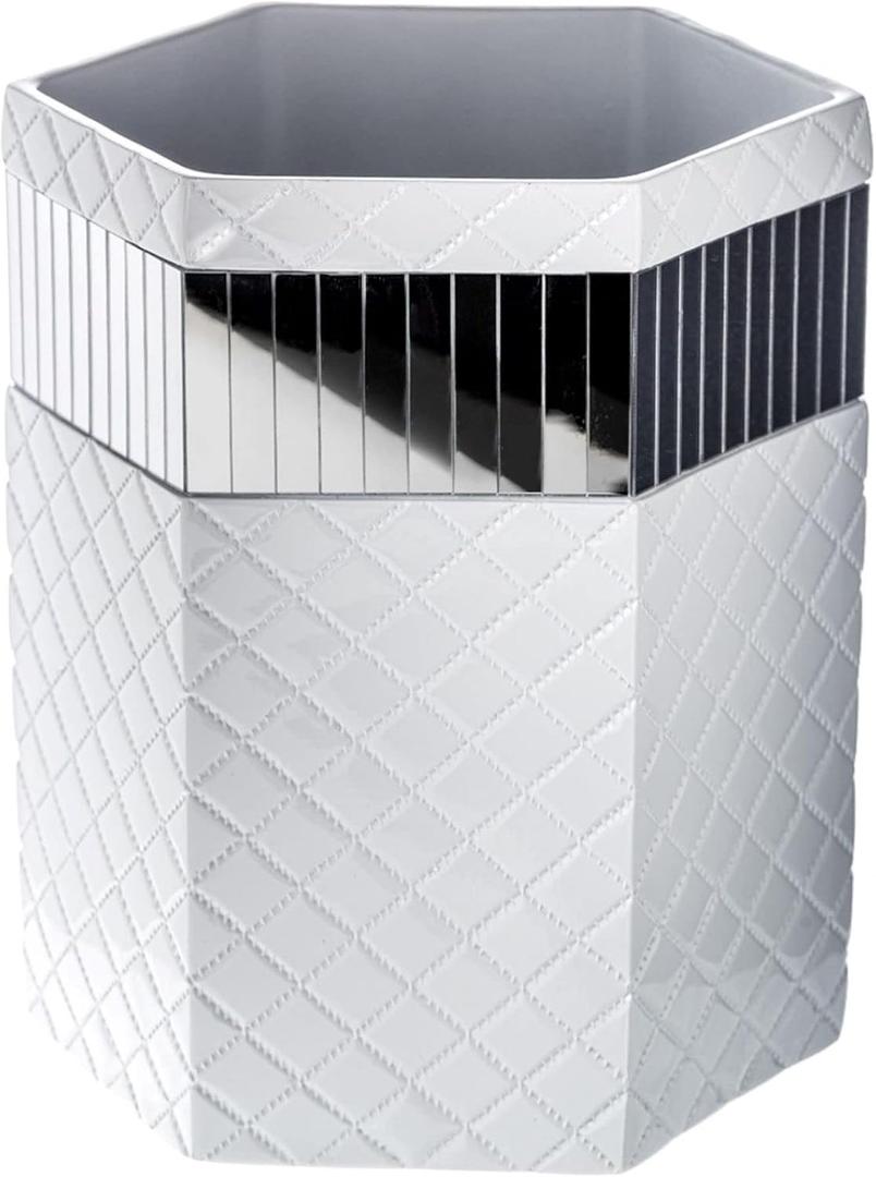 Creative Scents Quilted Mirror White Bathroom Trash Can 1.58 Gal / 6L Decorative Waste Basket for Bathroom - Space Friendly Mirrored Wastebasket Bin, for Elegant Powder Room or Bedroom Decor