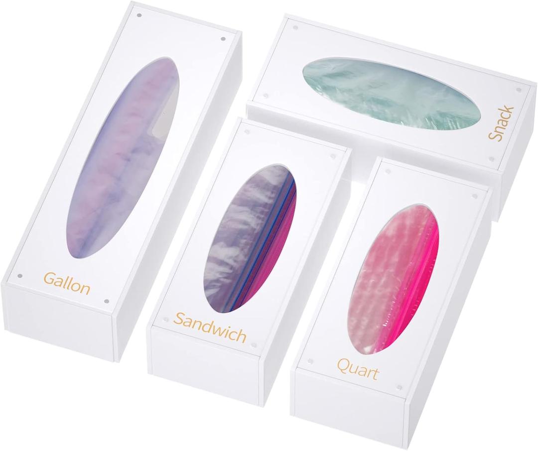 FEMELI Food Bag Storage Organizer, Acrylic Kitchen Drawer Baggie Box, Compatible with Gallon, Slider Quart, Freezer, Sandwich, Snack, Variety Size Bags, 4 separate Pack(White)