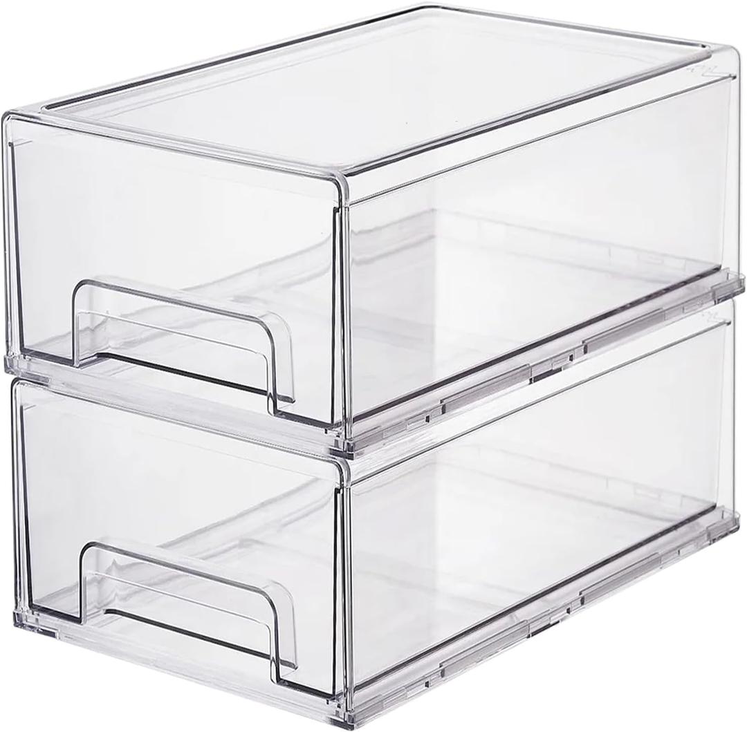 Clear Plastic Stackable Storage Drawers Bins, Perfect for Kitchen Pantry Organization and Storage, Under Sink Organizer, Pull Out Cabinet Organizer, Makeup, Bathroom Storage Containers for Organizing