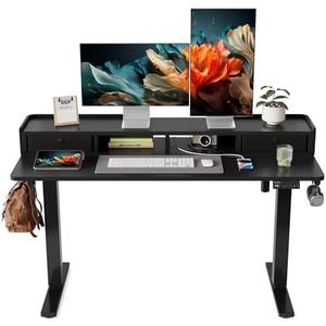 YIHAYO Electric Standing Desk with Drawers, 55 x 24 Inches Adjustable Desk with Storage Shelf, Stand Up Desk with Splice Board, Computer Table for Home Office, Black Frame/Black Top