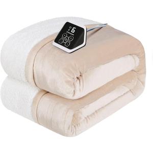 Westinghouse Heated Blanket Twin Size, Soft Flannel to Sherpa Electric Blanket with 10 Heating Levels, 1-12 Hours Auto Shut Off, Fast Heating, Machine Washable, 62x84 Inch, Beige