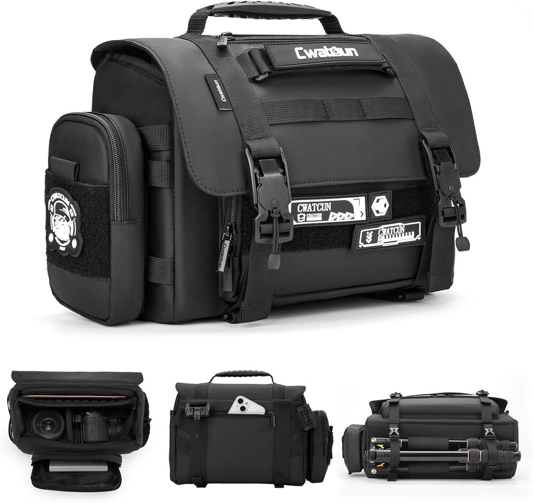 Cwatcun Camera Sling Bag, Waterproof Multifunction Photography Tactica Camera Crossbody Bag with Tripod Holder & Removable Accessory Bags for DSLR/SLR/Mirrorless Cameras - Small (Black)