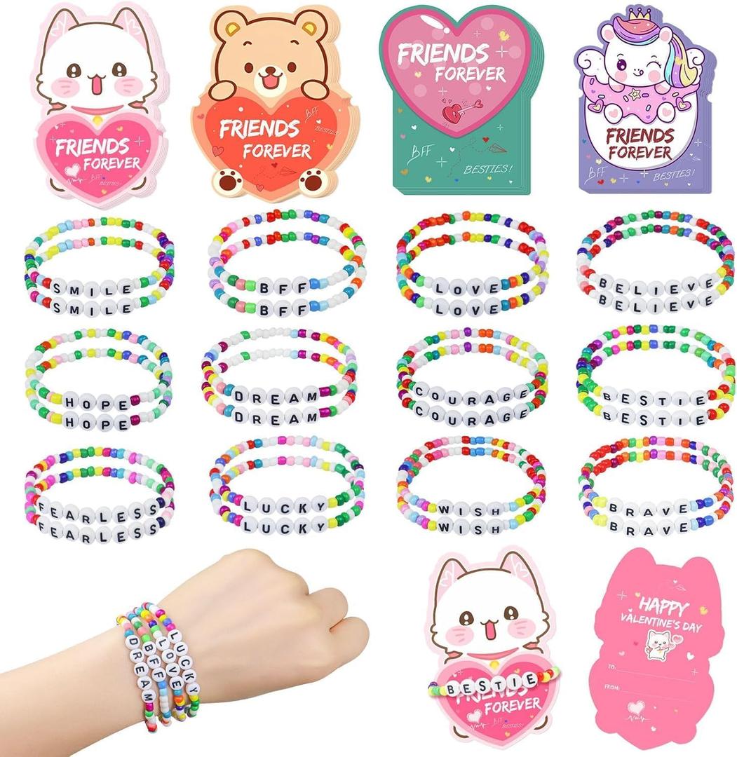 Valentines Day Cards for Kids Classroom, 24 Pack Valentines Gift Cards with Friendship Bead Bracelets, Valentines Gift Exchange for Boys Girls, Valentines Party Favors Supplies for Kids