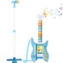 deAO Kids Guitar and Microphone Set with Stand Adjustable Height Music Light Karaoke Music Toys Christmas Birthday Gift for Kids Boys Girls (Blue)