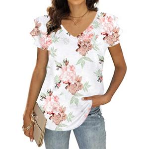 T&Twenties Womens Summer Tops Ruffle Short Sleeve Tunic Tops V Neck Loose Fit Flowy T-Shirts (White, L)