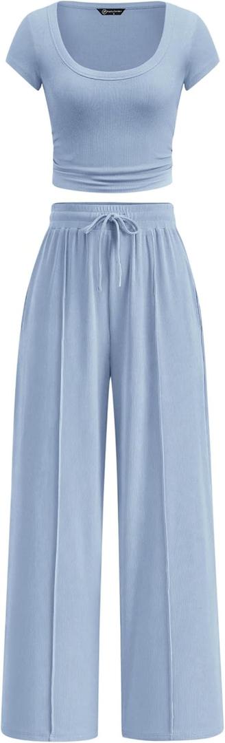 PRETTYGARDEN Women's Summer 2 Piece Matching Lounge Sets Short Sleeve Crop Tops Wide Leg Pants 2026 Airport Travel Outfits, Large