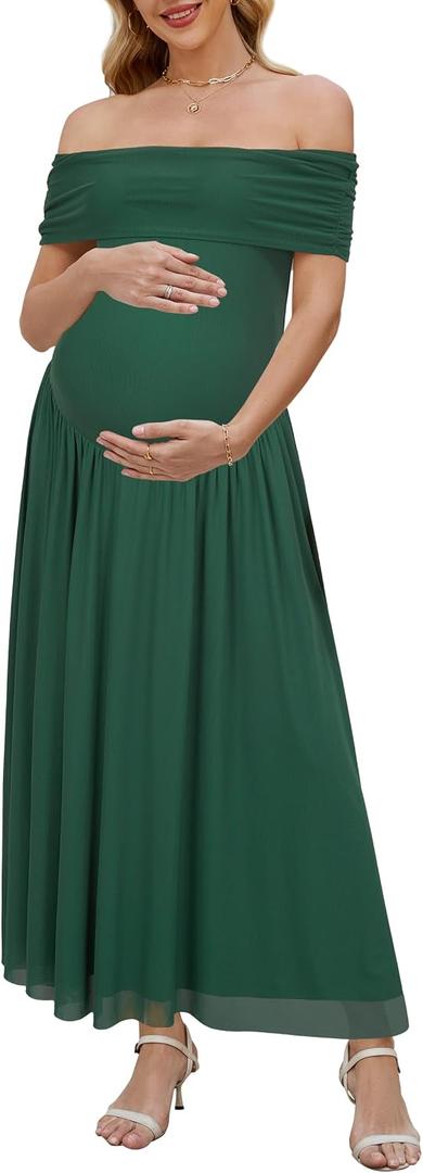 OUGES Women's 2026 Off The Shoulder Mesh Maxi Maternity Dress for Photoshoot Baby Shower Sleeveless Formal Long Dresses M