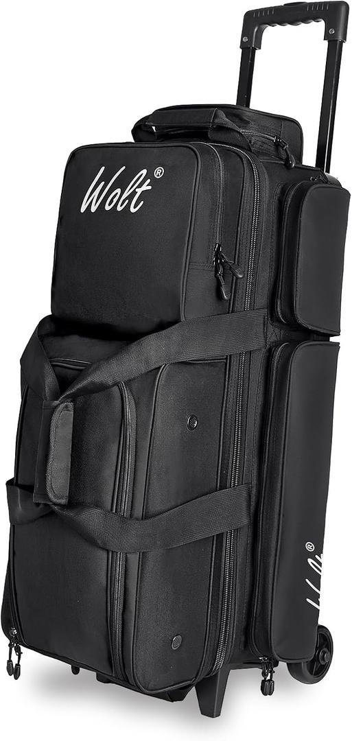 WOLT 3 Ball Bowling Bags with Wheels,Bowling Ball Bag 3 Ball Roller with Separate Shoe Compartment and Accessory Pocket, Retractable Handle Extends to 38 (black)