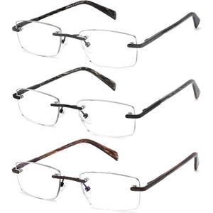 JJWELL 3 Pack Reading Glasses for Men Blue Light Blocking, Lightweight Rimless Metal Mens Eyeglasses Readers, Anti Eyestrain/Dryness/Computer Glare/UV 400, Spring Hinge Eyeglasses (3.50 x, Black Gunmetal Brown)