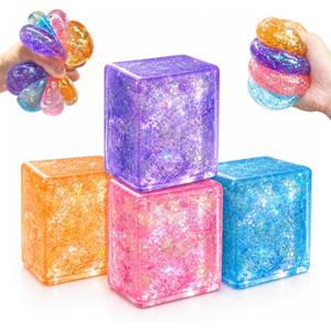 4 Pack Glitter Square Stress Balls - Colorful Sensory Squishy Balls, Normal