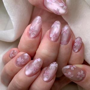 Pink Flowers Press on Nails Medium Almond Fake Nails Jelly False Nails Press ons with Peachy Floral Designs Reusable Acrylic Nails Glossy Full Cover Artificial Stick on Nails for Women Manicure 24Pcs