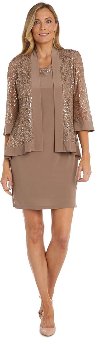 R&M Richards Women's 2-Piece Knee Length Banded Hi-Lo Sequined Jacket Dress W/Detachable Necklace (8)