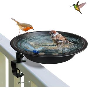 Deck Mounted Bird Bath for Deck Rail & Garden-11.5 Inch Frosted Black,Clamp-On Detachable Bowl with Rust-Proof Bracket,Easy Clean Outdoor Bird Feeder with Magnetic Dragonfly for Patio Lawn Backyard