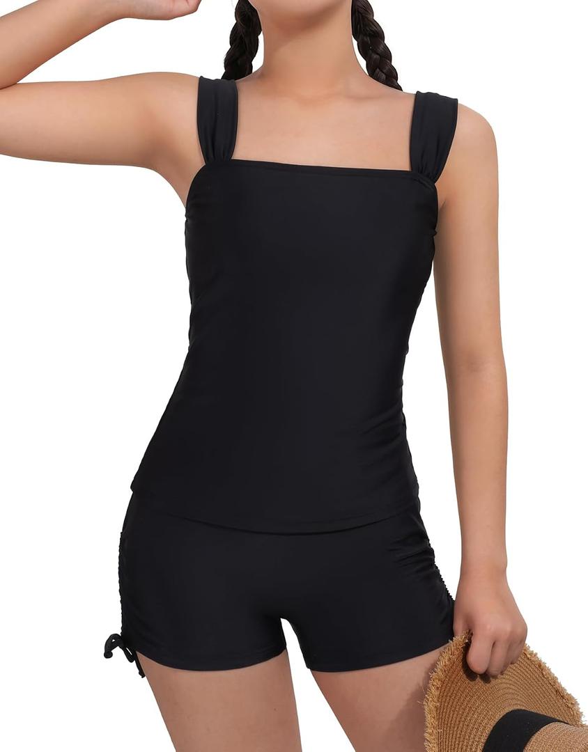 Beautyin Girls Tankini Swimsuit 2 Piece Bathing Suit Adjustable Straps Tween Tankini Swim Top & Shorts Swimwear 14Y (Black)