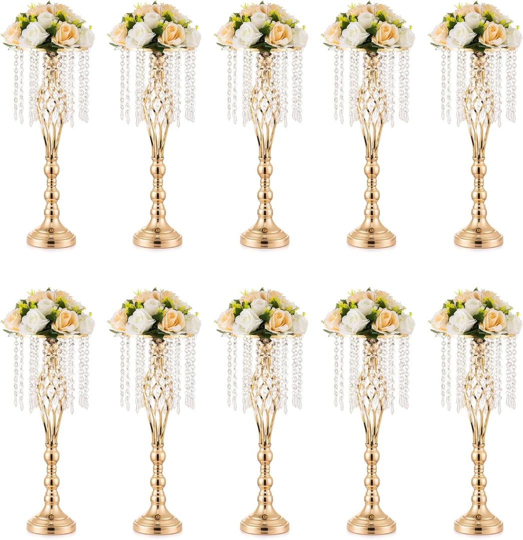 Gold Vases Centerpieces for Wedding: 21.7" Tall Flower Stand with Crystal Patent for Table Center Piece Party Event Set of 10