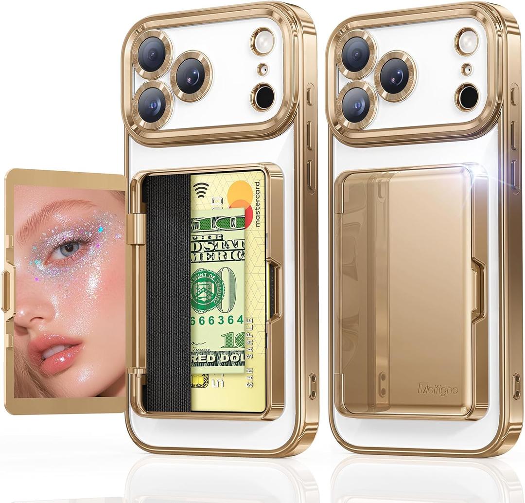 Meifigno Designed for iPhone 17 Pro Max Case Wallet (3-4 Cards & Cash), Built-in Mirror & Kickstand, Surround Raised Lens Protection, for 17 Pro Max Case with Card Holder Women (6.9"), Desert Titanium