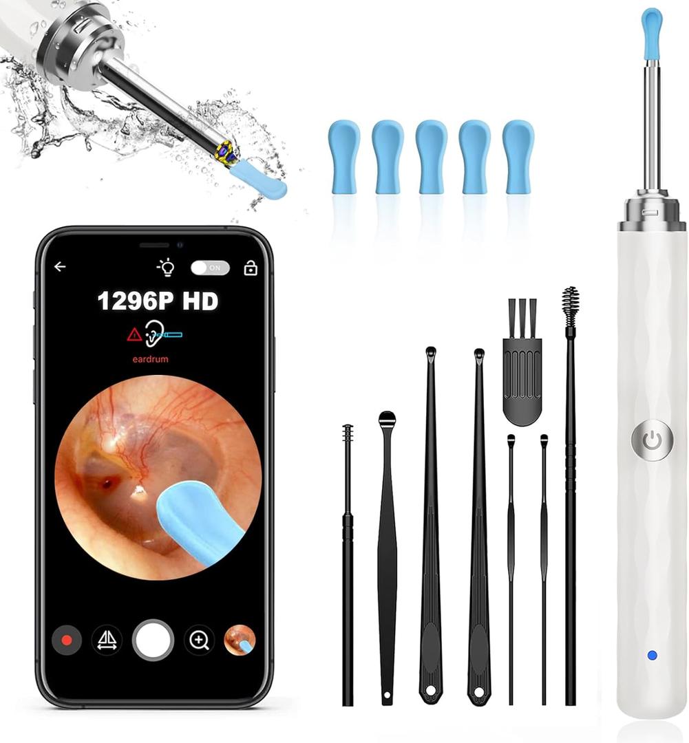Ear Wax Removal, Ear Cleaner with Camera and Light, Ear Wax Removal Kit with 1296P Otoscope, Ear Cleaning Tool with 6 Ear Spoon, Ear Camera for iPhone & Android Phones,White