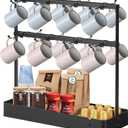 Coffee Mug Holder for Countertop, Cup Holder Rack with Slidable 16 Hooks, Large Mug Holder with Storage Base for Coffee Bar, Kitchen, Dining Room - Black