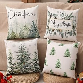 multiwins Double-Sided Print Christmas Pillow Covers 18"x18" Set of 4, 8 Cute Christmas Patterns, Tree, Merry Christmas, Truck, Merry & Bright, Let It Snow, Etc, Perfect for Home Decor