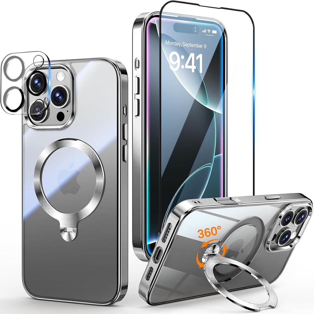[Tri-Shield Protection] for iPhone 16 Pro Max Case with 360 Spin Stand Compatible with MagSafe [Magnetic CD Ring][Screen & Camera Protector]Shockproof Plating Never-Yellowing, Natural Titanium-6.9"