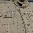 Omoone Women's Long Sleeve Rivet Studded Denim Jacket Casual Washed Short Jean Coat Western Outfits(Medium, Khaki)