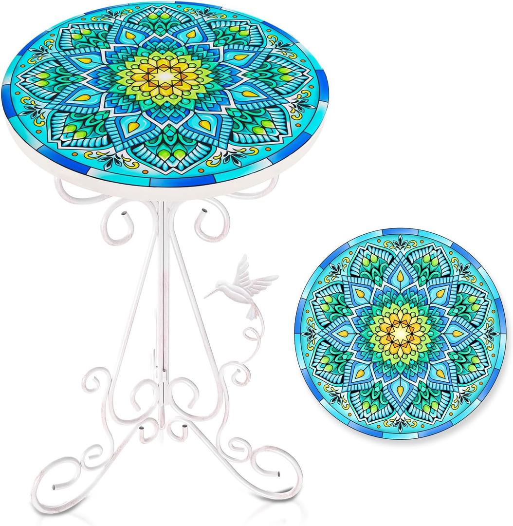 Outdoor Side Table, Small Metal Accent Table, Round End Table Indoor Patio Porch Decor Plant Table for Yard Garden Living Room Balcony Bedroom (Lotus Flower)