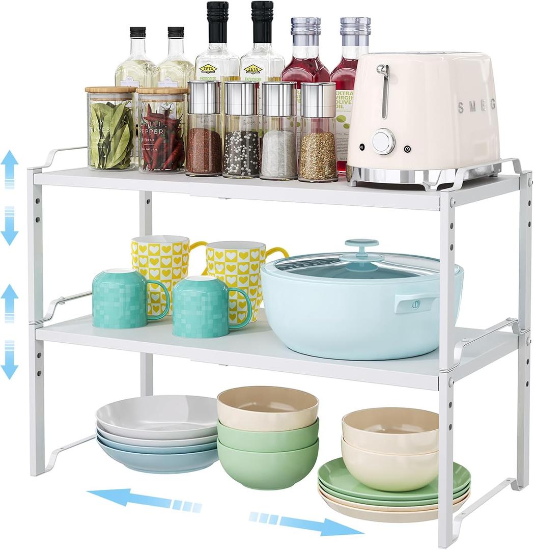 2 Pack 11 Width Expandable Kitchen Cabinet Organizer Shelves, Heavy Duty Kitchen Countertop Organizers and Storage Rack, Stackable Metal Small Storage Shelf For Pantry Counter Cupboard Organization