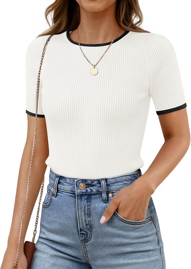 ZESICA Women's Summer Short Sleeve Ribbed Knit Slim Fit T Shirt 2025 Crewneck Basic Casual Color Block Tee Tops (Medium)