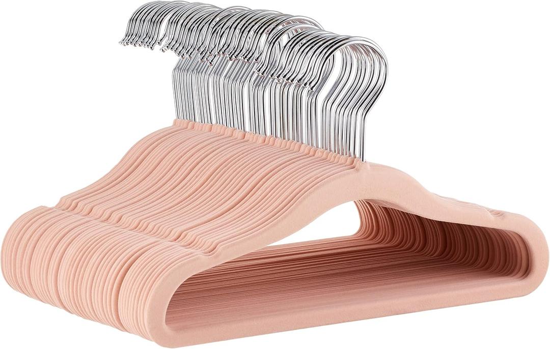 Amazon Basics Kids Space Saving Velvet Non-Slip Clothes Hangers with Shoulder Notches for Infant and Toddler, 11.6", Blush, 20-Pack