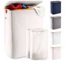 LONBET Laundry Basket with Lid, Made from Breathable Fabric | Aesthetic Clothes Hampers for Laundry with Side Handles & Sturdy Bamboo Frame (40 Gallons - Double, Beige)