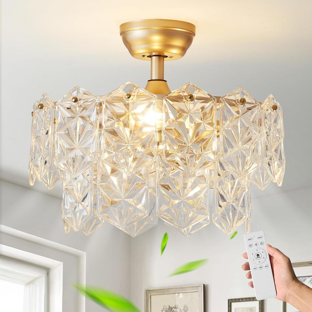 20inch Gold Crystal Fandelier Ceiling Fan with Light, Crystal Caged Fandelier Ceiling Fan with Light and Remote, Caged Mid Century with 6 Speeds for Bedroom, Living Room, Nursery