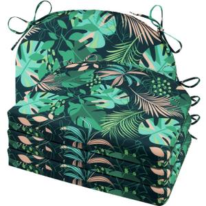 Cozyide Outdoor Chair Cushions, Waterproof Patio Seat Cushions with Adjustable Straps, Round Corner Patio Chair Cushions for Garden, Green Leaf, 17x16x2 Inch (Pack of 4)