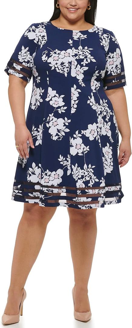 Jessica Howard Women's Size Plus Style Fit and Flare Elbow Sleeve Knit, Navy/ Ivory, 18