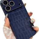 Case for iPhone,Crocodile Synthetic PU Leather Pattern,Camera Lens Protector,Solid Color Soft TPU Frame Wear-Resistant Military Grade Drop Protection Shockproof CoverBlue,iPhone 16 Pro