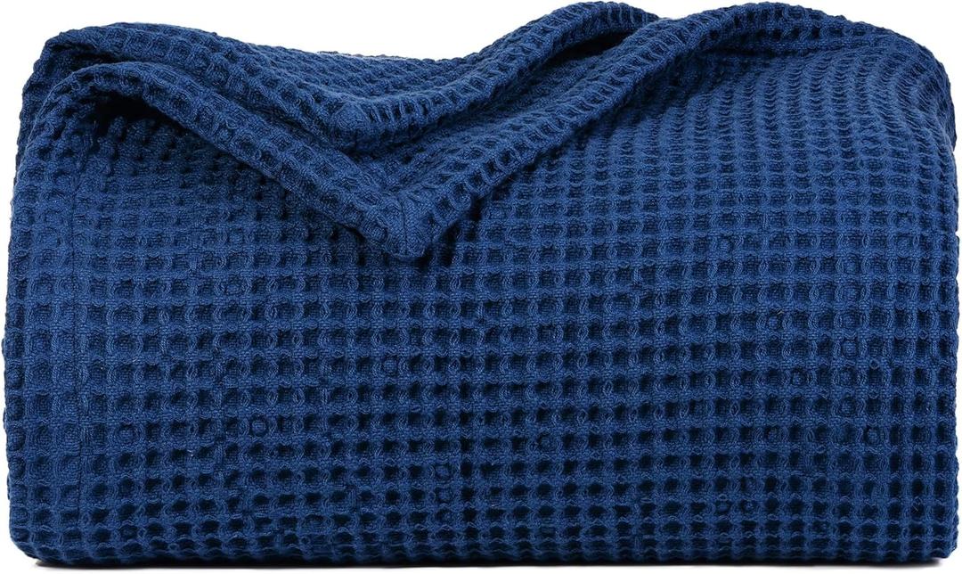 Organic Cotton Twin Size Blanket - 100% GOTS Certified Cotton Waffle Weave Twin XL Blanket - Navy, Soft, Breathable, Lightweight for Adults, Teens & Toddlers - 68"x92" (Blue - Twin/Twin XL)