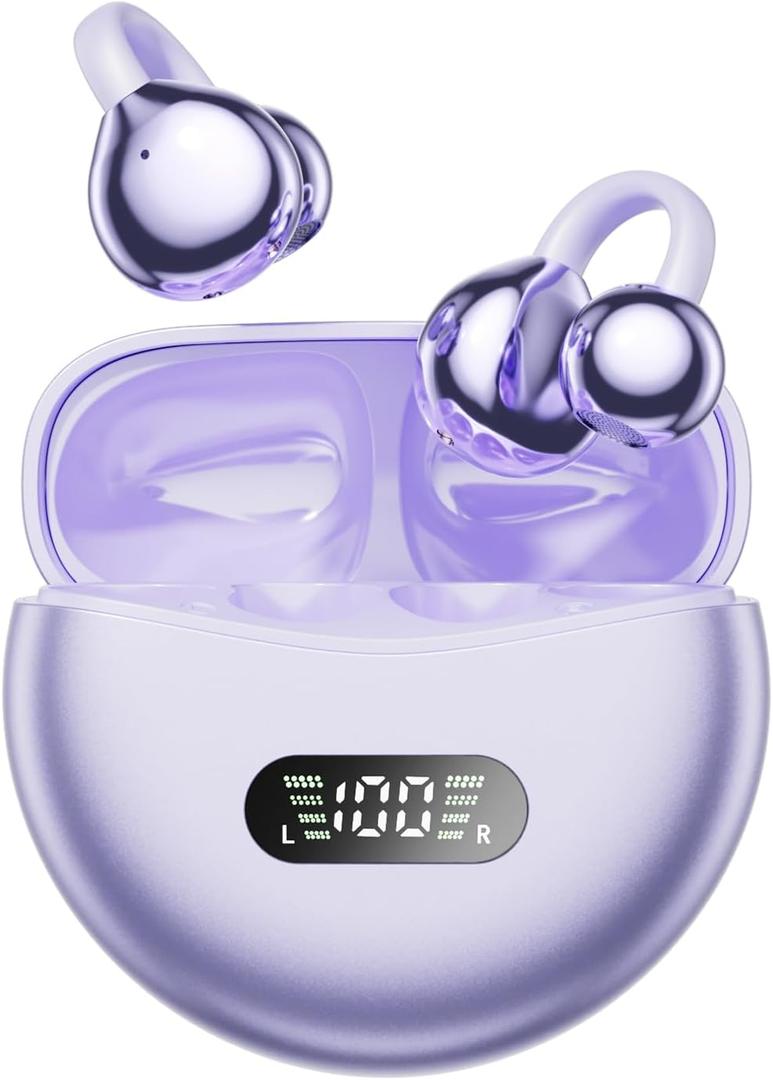 Clip On Earbuds Open Ear Ear Buds Wireless Bluetooth 5.4 Headphones,48H Playtime,IPX6 Waterproof,Touch Control,Comfortable for Workouts and Daily Use (Purple)