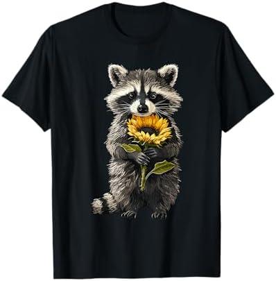 Raccoon Holding Sunflower Cute Flower Mothers Day T-Shirt, M