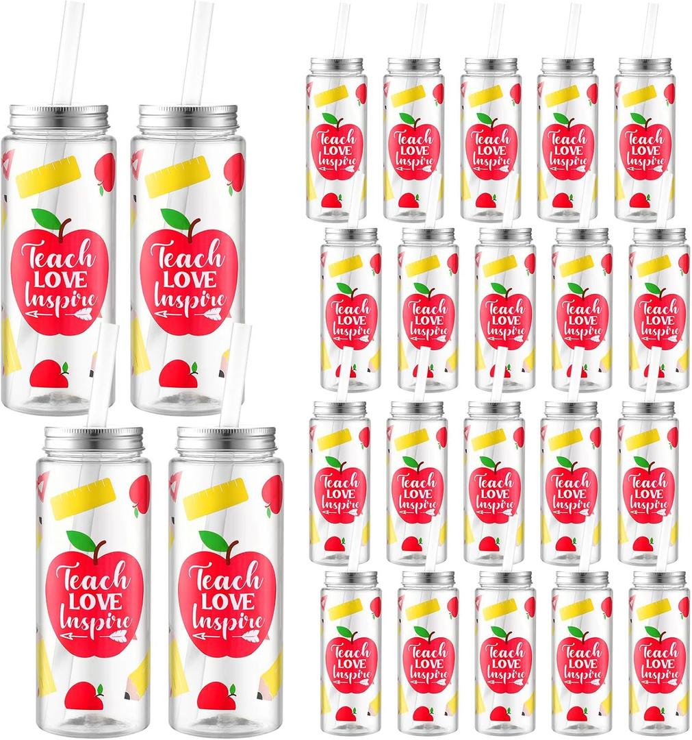 Dingion 24 Pcs Teacher Appreciation Gifts 14.2 oz Thank You Plastic Cup with Lid and Straw Inspirational Teacher Gifts Reusable Tumbler Bulk for Coworker Women Graduation Colleague Employee Volunteer