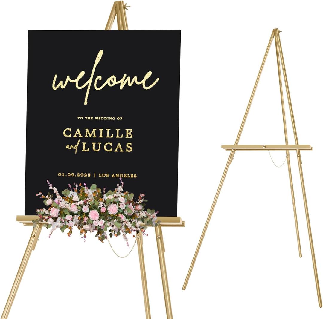 Falling in Art 65" A-Frame Tripod Easel Stand, Wooden Display Easel with Adjustable Canvas Holder, Floor Easel for Wedding Signs, Posters, Paintings, Artwork(Gold) 1 Pack
