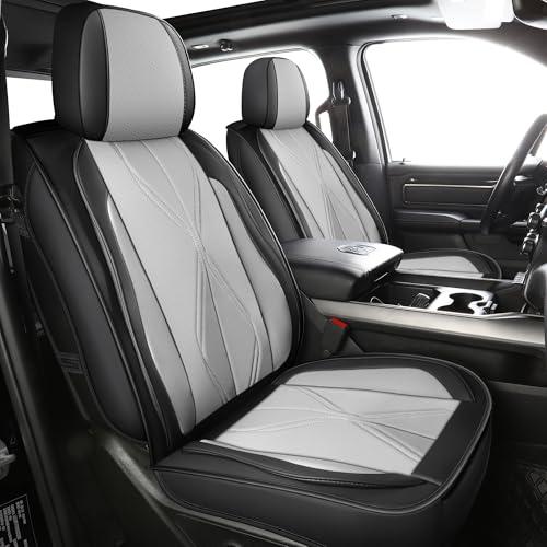 LINGVIDO Waterproof Faux Leather Seat Covers Compatible with 2009-2024 Dodge Ram 1500 2500 3500 Seat Cushion Protector Truck Pickup Crew Quad Cab with Split Bench 40/60(Black+ Gray, 2 PC Front)