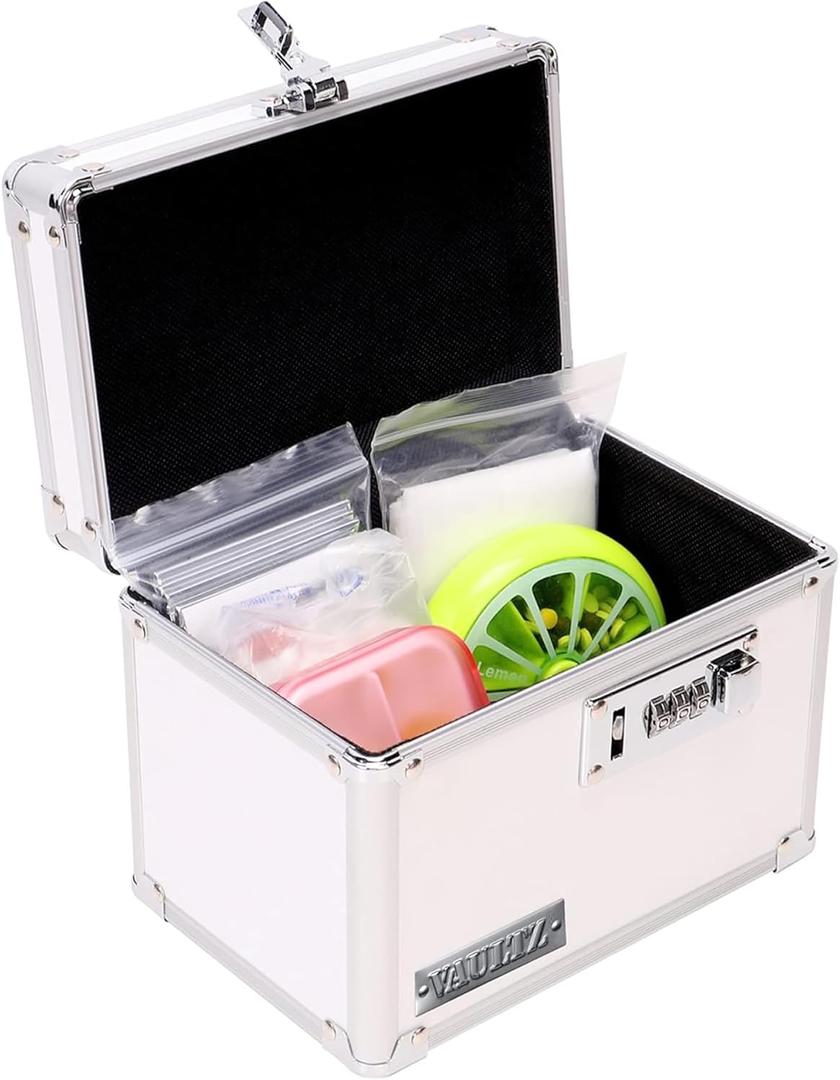 Vaultz Locking Medicine Box with Combination Lock - Secure Metal Lock Box Safe for Medication, Pills & Valuables, Small Lockbox with Code, Portable Storage Case, White