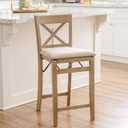 Linon Triena X Back Neutral Greywash Wooden Fully Assembled Folding 24 Inch Seat Height Counter Stool with Beige Upholstered Seat, Standard